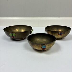 Vintage Brass Bowl Set Of 3 Turquoise Coral Inlay Stones With Aged Patina Indian